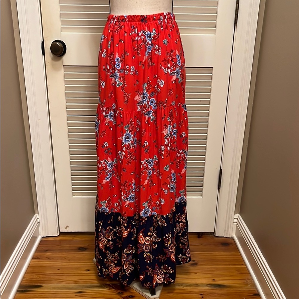 Xhilaration Red and Blue Tiered Maxi Skirt, Size XSmall, EUC